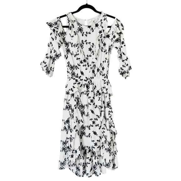 Joie Alpheus White & Black Floral Eyelet Ruffled Silk Dress Size Small - Picture 2 of 7